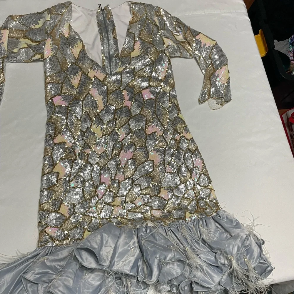 Silver and Gold Sequin Dress with Ruffle Hem - Picture 14 of 16